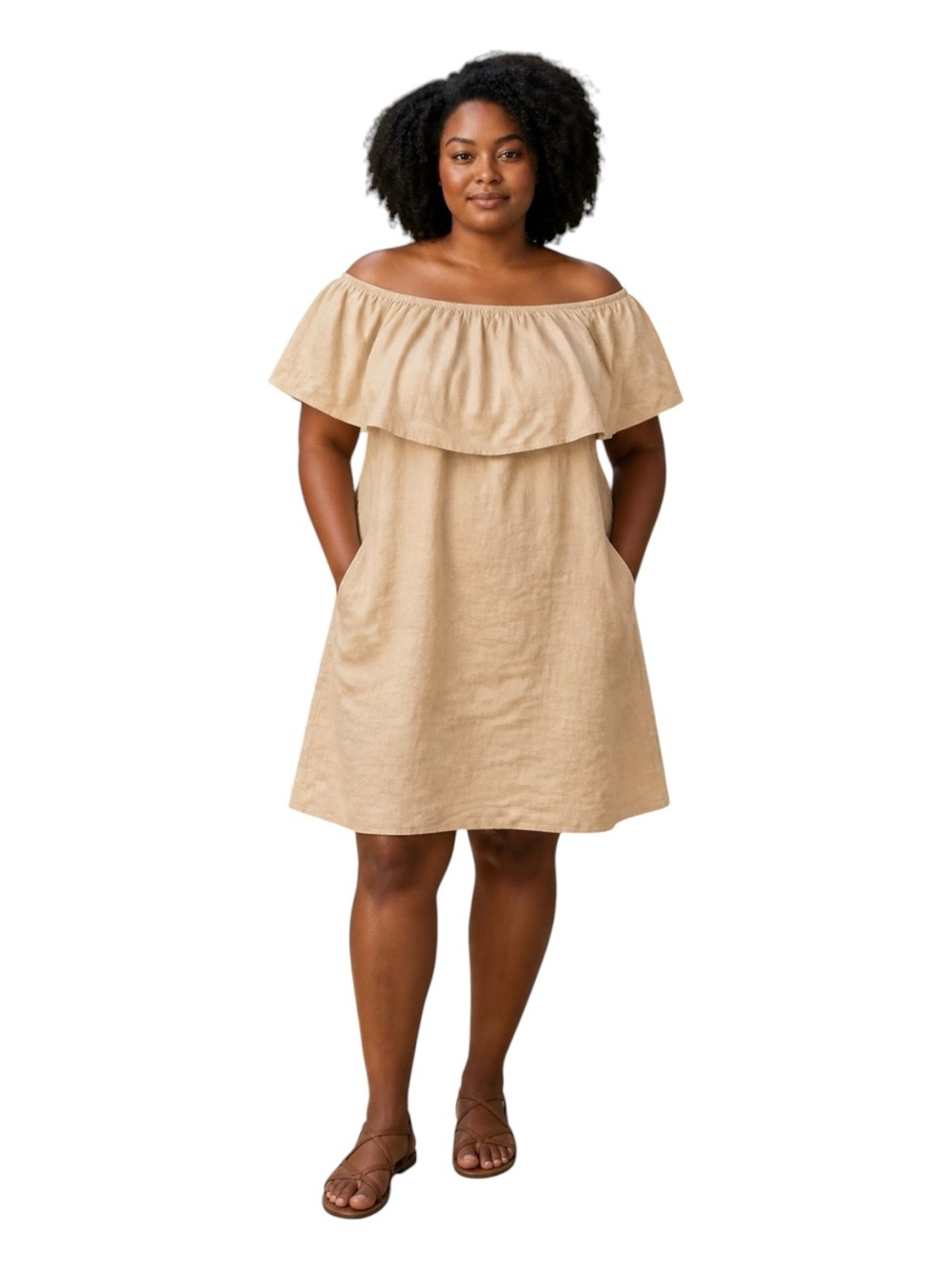 Gold Hawk Trailer Fash Off-Shoulder Large Gardenia Tan Linen Dress New